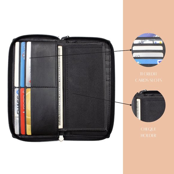 RFID Blocking Leather Black Checkbook Cover, ID Holder, Credit Card & Currency - Picture 4 of 14